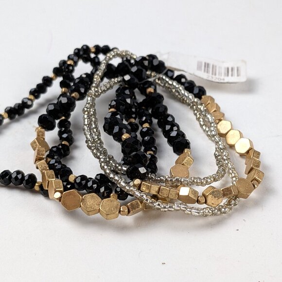 Set of 6 Black/Gold/Silver Beaded Stretch Bracelets - Picture 2 of 4
